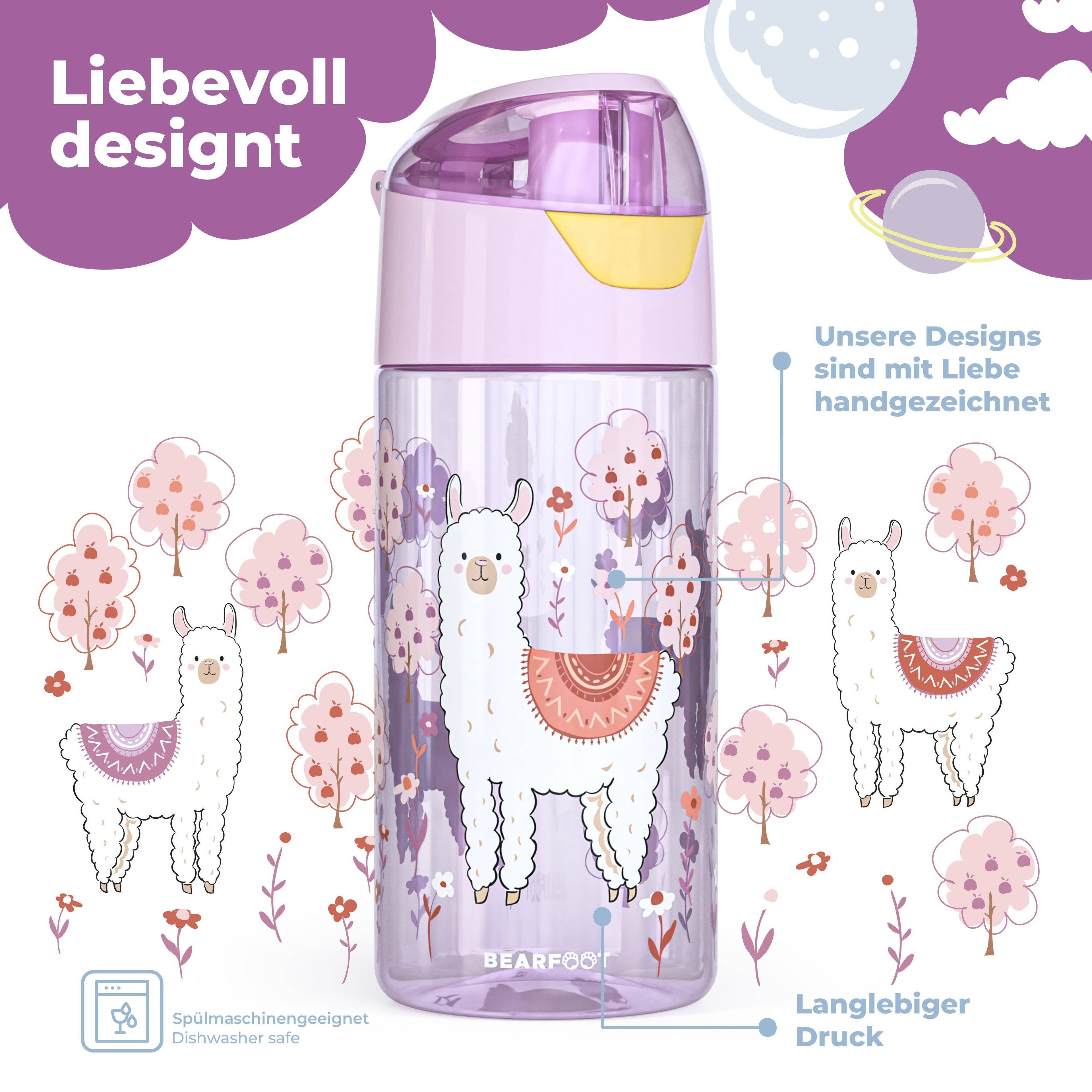 BEARFOOT Lichtgewicht drinkfles met handvat en gemakkelijk te openen - 450 ml - Lama - Plastic drinkfles - MamaMilla