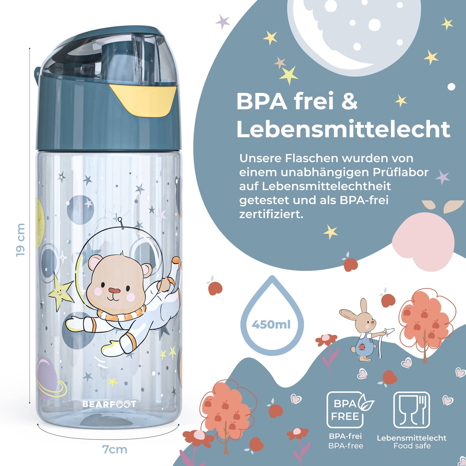 BEARFOOT Lichtgewicht drinkfles met handvat en gemakkelijk te openen - 450 ml - Astronaut Beer - Plastic drinkfles - MamaMilla