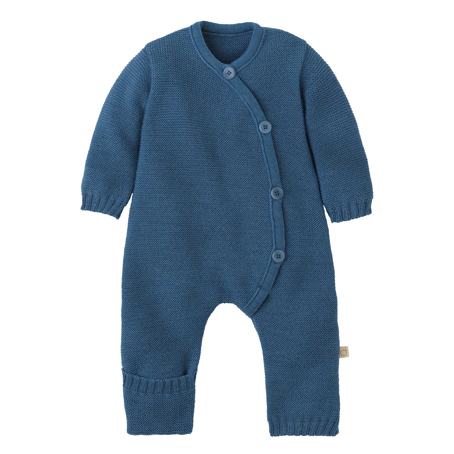 Gebreide onesie van merinowol – duifblauw – biologische babykleding van Disana