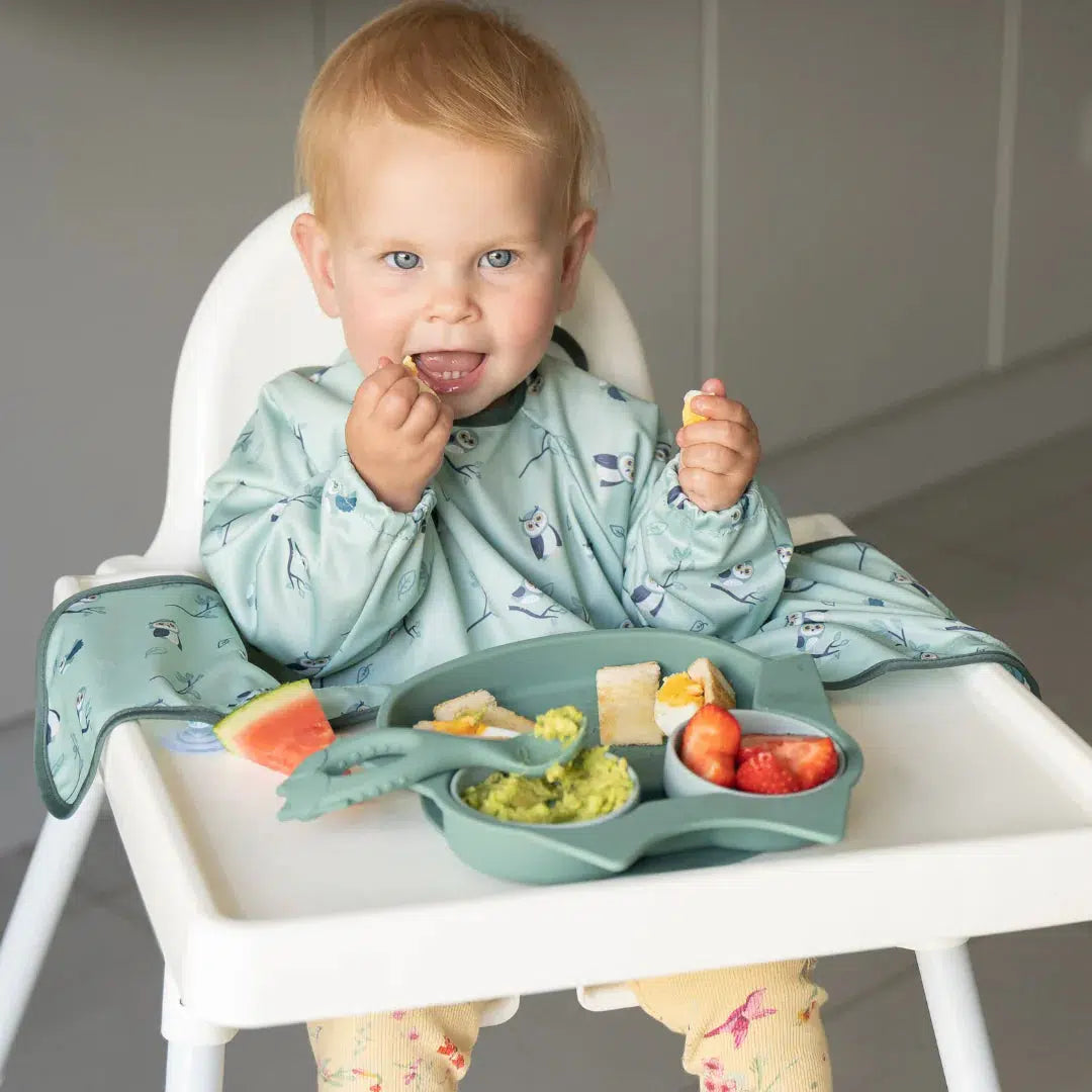 Tidy Tot Slab, Bord en Lepel - SET - Uil - Slab met mouwen - MamaMilla