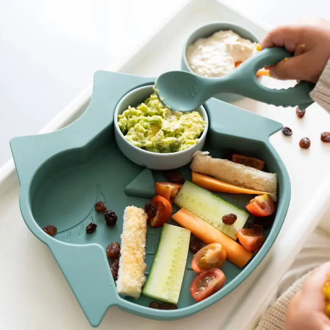Tidy Tot Slab, Bord en Lepel - SET - Uil - Slab met mouwen - MamaMilla