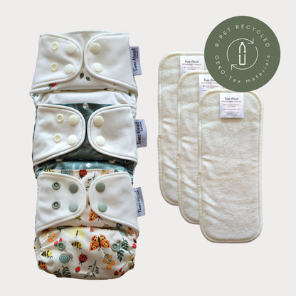 Time Ahead Sweden - Startpakke stofble nyfødt | Alt-i-et 2-6 kg: Med tilbehør / Skovjordbær | Humleblomster grøn | Engvinge