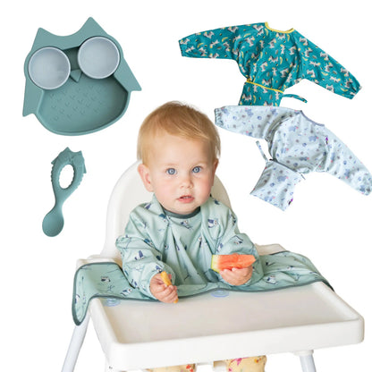 Tidy Tot Slab, Bord en Lepel - SET - Uil - Slab met mouwen - MamaMilla
