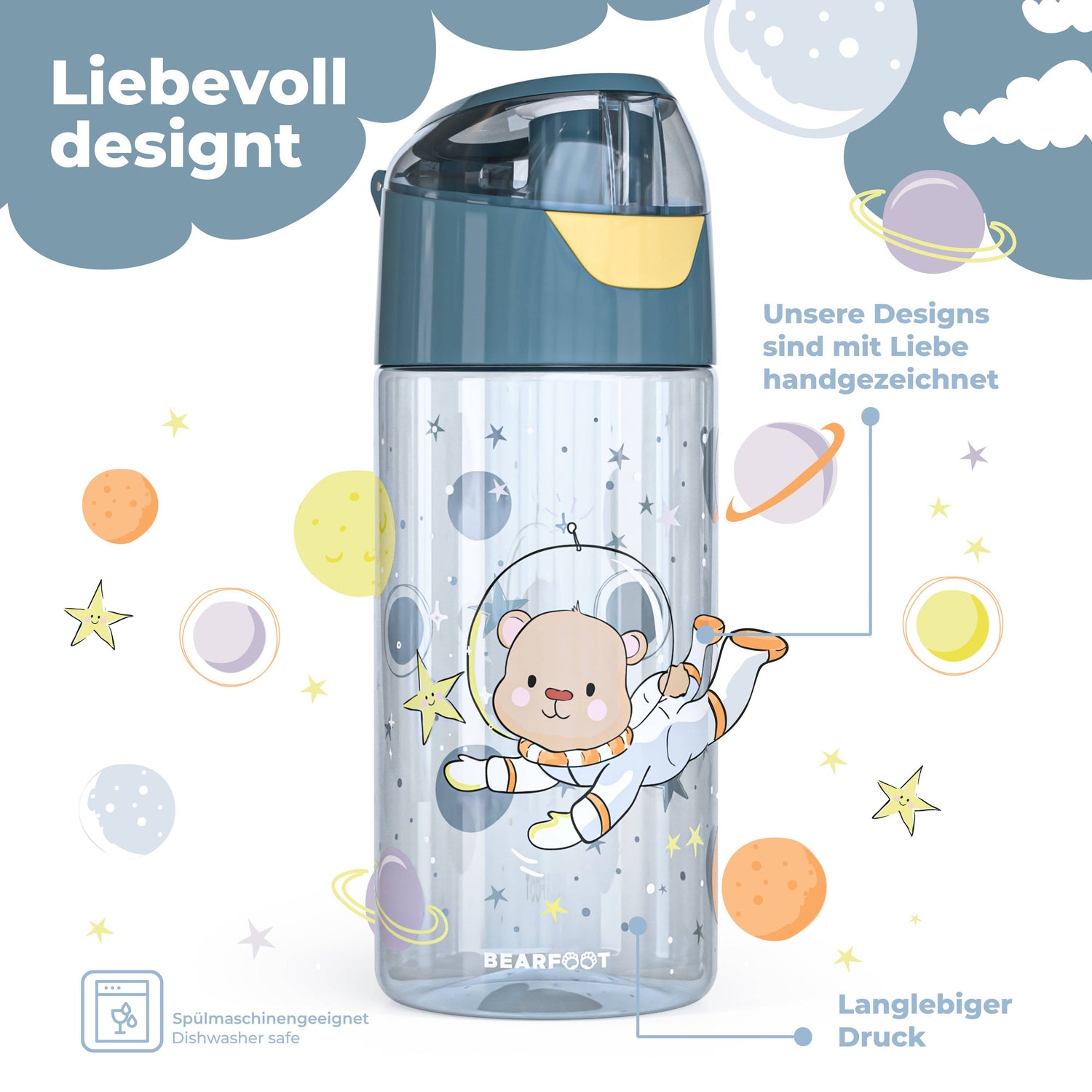 BEARFOOT Lichtgewicht drinkfles met handvat en gemakkelijk te openen - 450 ml - Astronaut Beer - Plastic drinkfles - MamaMilla