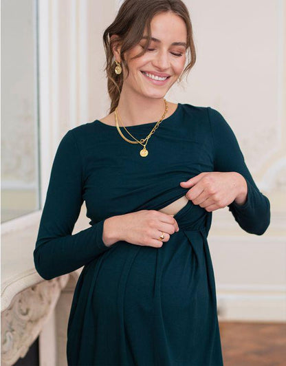 Seraphine zwangerschapsjurk met lange mouwen - Peachey - Emerald - Voedingskleding - MamaMilla