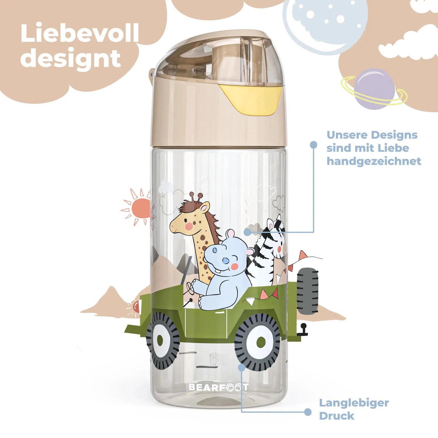BEARFOOT Lichtgewicht drinkfles met handvat en gemakkelijk te openen - 450 ml - Safari Friends - Plastic drinkfles - MamaMilla