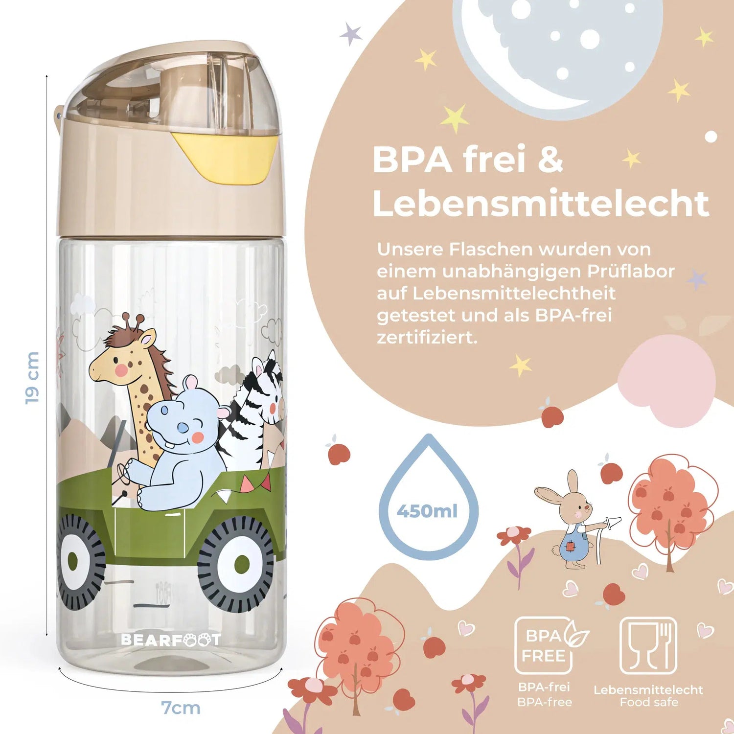 BEARFOOT Lichtgewicht drinkfles met handvat en gemakkelijk te openen - 450 ml - Safari Friends - Plastic drinkfles - MamaMilla
