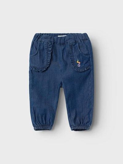 Name it zachte baggy jeans met ruches/borduurwerk - Bella - Donkerblauw Denim - Broek - MamaMilla