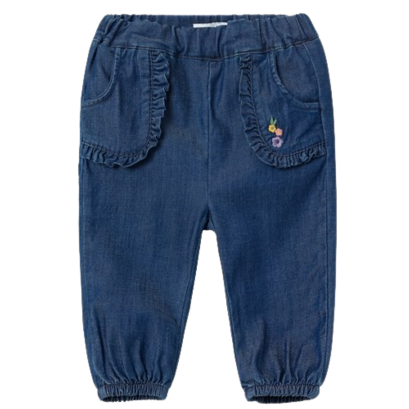 Name it zachte baggy jeans met ruches/borduurwerk - Bella - Donkerblauw Denim - Broek - MamaMilla