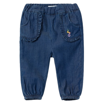 Name it zachte baggy jeans met ruches/borduurwerk - Bella - Donkerblauw Denim - Broek - MamaMilla