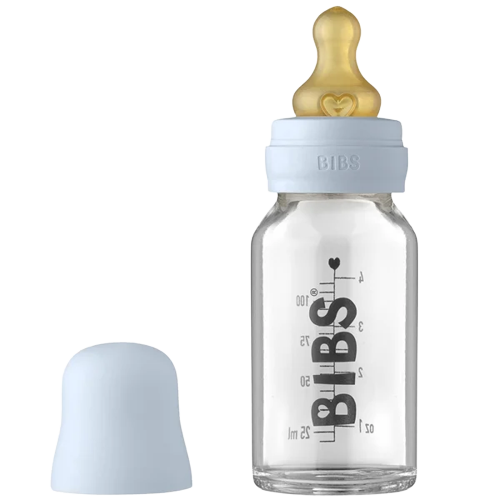 Bibs glazen babyfles - Latex - 110 ml. - Baby Blauw - Flesje baby - MamaMilla